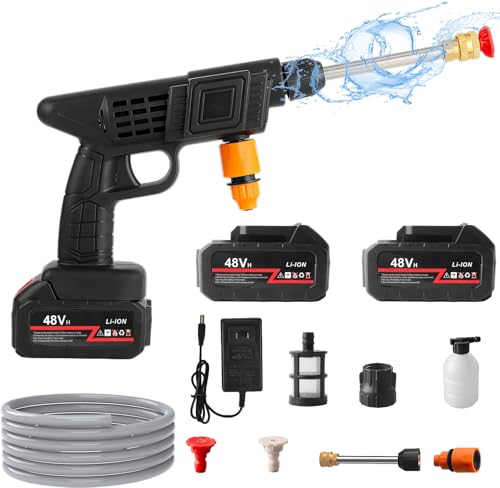 Cordless Pressure Washer with 2 Batteries, 48V 600PSI High Cordless Power Washers Portable Jet Wash for Car Garden Home Patio Driveways, Spray Nozzles, Soap Dispensing Bottle, 32.8FT Hose Included