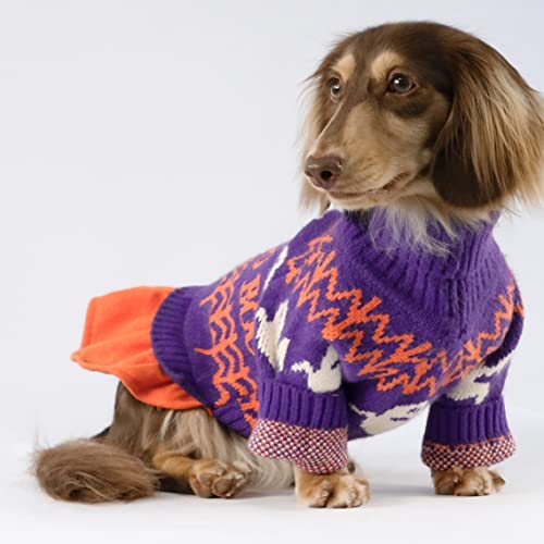 Fitwarm Spooky Halloween Dog Sweater Dress, Holiday Theme Costumes, Dog Clothes For Small Dogs Girl, Cat Apparel, Purple, Large #TOP2