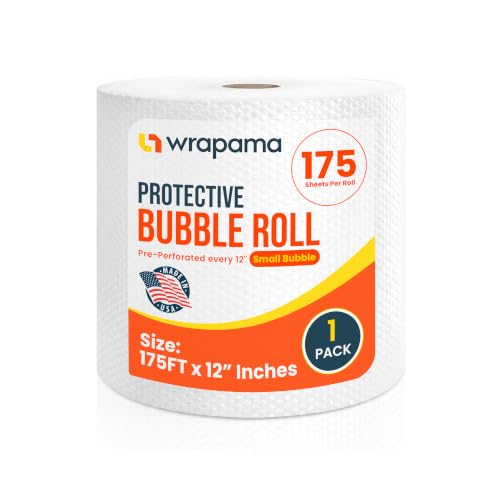 Wrapama Protective Bubble Roll Wrap – 12in x 175ft, Clear 3/16in Small Bubble Cushioning Roll, Perforated Every 12in for Packing, Moving, Shipping & Storage