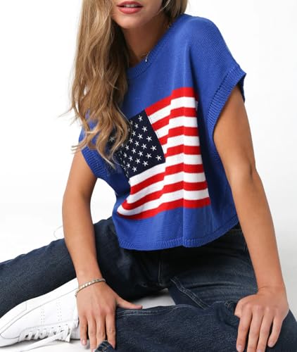 Image of Womens American Flag Sweater Cap Sleeve Summer Crop Tops Crew Neck Loose Fit Knit Sweater Pullover Top