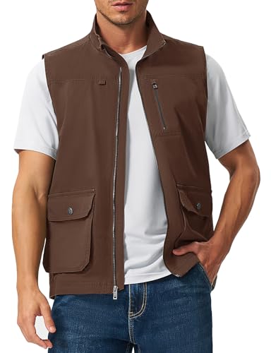 Rdruko Men's Safari Vest, Lightweight Casual Cotton Full Zip Vest with 4 Pockets for Work Utility Travel Hiking Fishing, Coffee, S