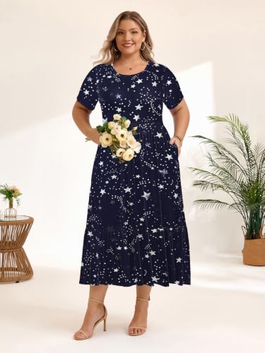 Image of LARACE Plus Size Dresses for Women Summer Maxi Casual Dress with Pockets | plus size summer dresses women, soft rayon, flowy maxi, short sleeve, pockets, flattering & covers belly, beach wear, L-6XL