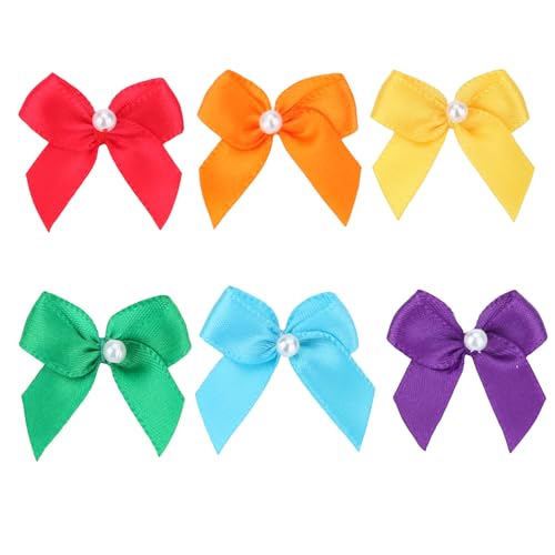 Meseey 60Pcs Mini Satin Ribbon Bows with Pearl 2 Inch Rainbow Flowers Appliques DIY Craft for Sewing, Scrapbooking, Wedding, Gift,Christmas Decoration (Rainbow Set, 2 Inch)