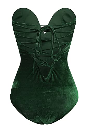 CHARTOU Women's Sexy Velvet Back Lace Up One Piece Romper Bodysuit2