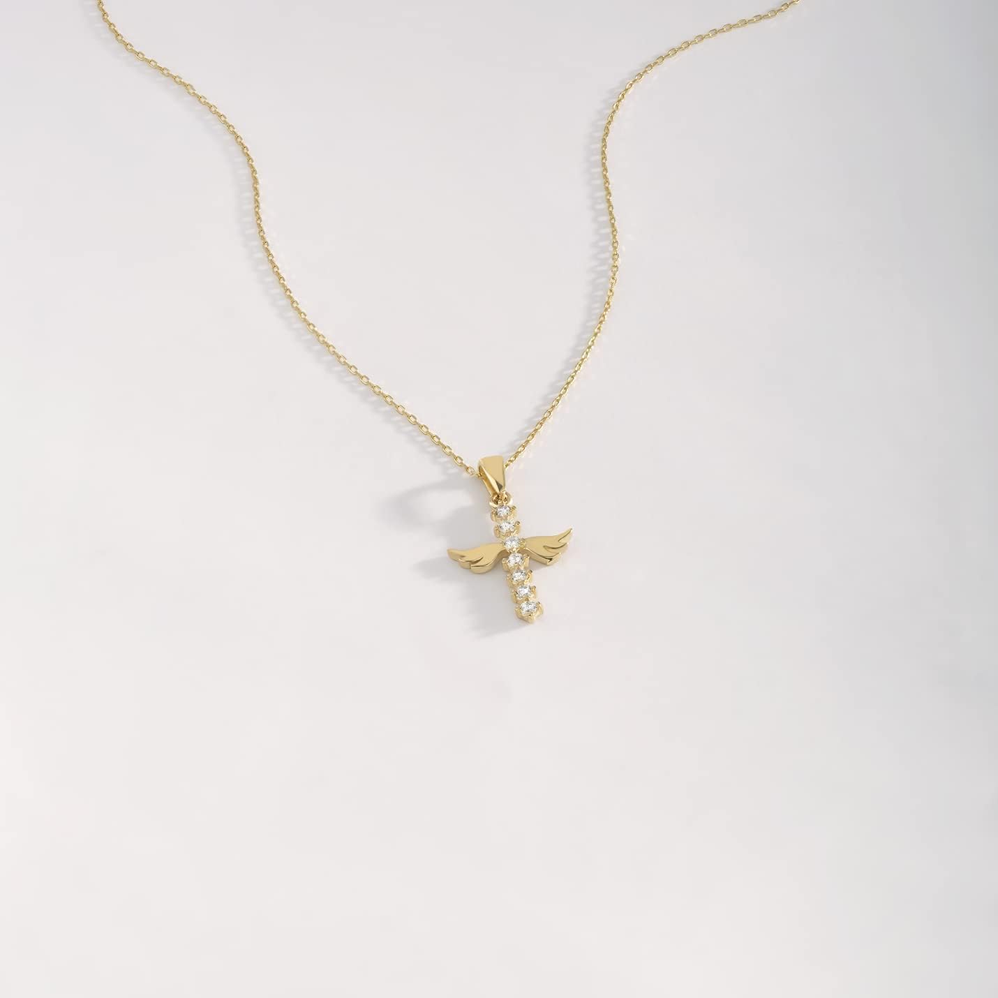 Miniatura 4 de Collar de cruz de oro real de 14 quilates Collar con colgante de cruz de oro macizo de 14 quilates para mujer Ángel de la guarda Collar de cruz