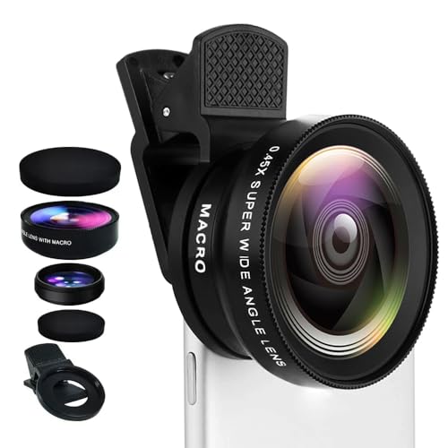 Obiettivo per fotocamera del telefono, kit 2 in 1, obiettivo macro 15x + obiettivo grandangolare 0,45x, obiettivo a clip per telefono cellulare, con borsa da viaggio e cordino per smartphone