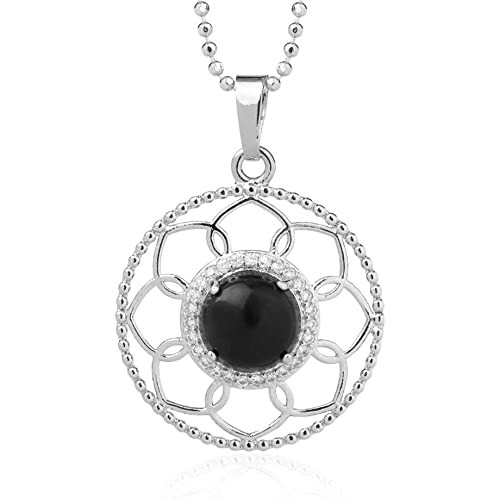 Collier en pierre d'onyx noir naturel sculpté avec pendentif lotus LNNSHX pour femme