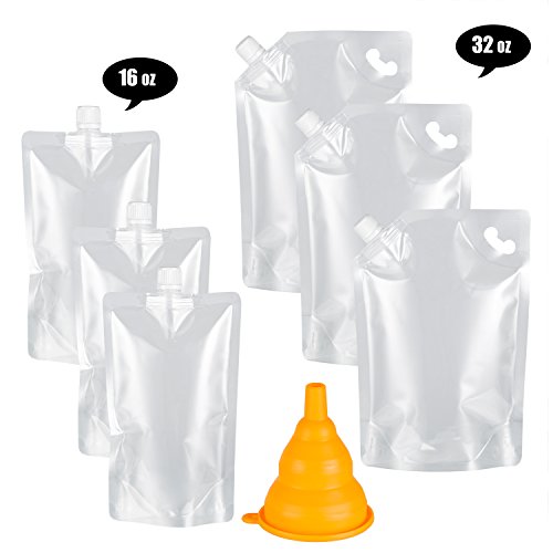 Kichwit Plastic Liquor Pouches Drinking Flasks, Reusable Liquid Spout Bags, Bpa Free, 3 32Oz, 3 16Oz, Collapsible Silicone Funnel Included, Transparent #TOP1