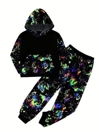 RoseSeek Boy's 2 Piece Reflective Splash Ink Print Long Sleeve Hoodie Sweatshirts and Sweatpants Set Black 10Y
