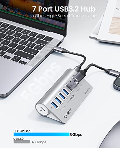USB C Hub, Hub USB 3.0 in alluminio a 7 porte, Multi USB Adattatore 5 Gbps con 0.5m cavo, Splitter USB con alimentazione 5V/2A porta di tipo C per Macbook, Mackbook Pro - Hub USB - Immagine 1