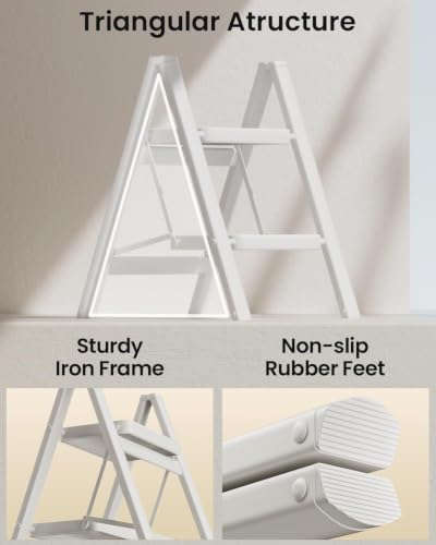 Image of SOLADDER 2 Step Ladder, Folding Step Stool, Lightweight Stepladder, White