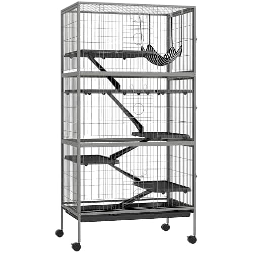 PawHut 63" 6-Tier Small Animal Cage, Ferret Cage, Large Chinchilla Cage with Hammock Accessory & Heavy-Duty Steel Wire, Small Animal Habitat with 6 Doors, Removable Tray, Gray