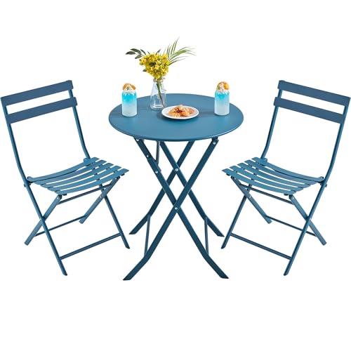 Yaheetech 3-Piece Folding Bistro Set, Outdoor Bistro Table and Chairs Set, Space-Saving Garden Furniture for Balcony Yard, Blue
