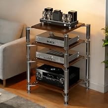 4-Tier AV Media Stand, Heavy Duty Audio Rack with Shock-Absorbing Foot pegs, Open Design av Stand, Multi-Layer Stereo Equipment Rack for Home, Office, Theater Walnut, 4-Tiers