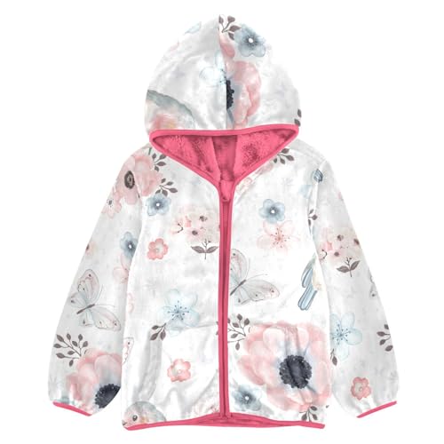OTVEE Bird Butterfly Pink Flowers Kids Hoodie Jacket Fall Spring Full Zip Warm Outwear Coat