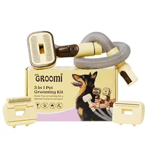GROOMI Vacuum Pet Brush Kit – 3-in-1 Dog & Cat Grooming Tool with Self-Cleaning Deshedding Brush and Universal Vacuum Attachment