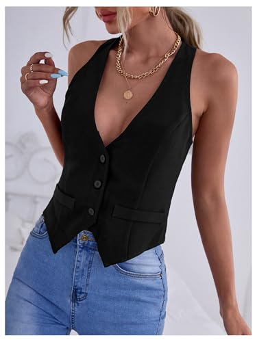 MakeMeChic Women's Sleeveless Blazer Vest Button Up Split Hem Work Bussiness Jacket4