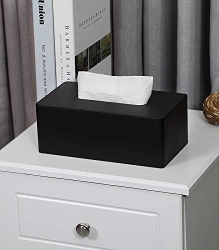 Tissue Box Cover Rectangular PU Leather Facial Tissue Dispenser Box Holder for Dresser Bathroom Decor (Black)