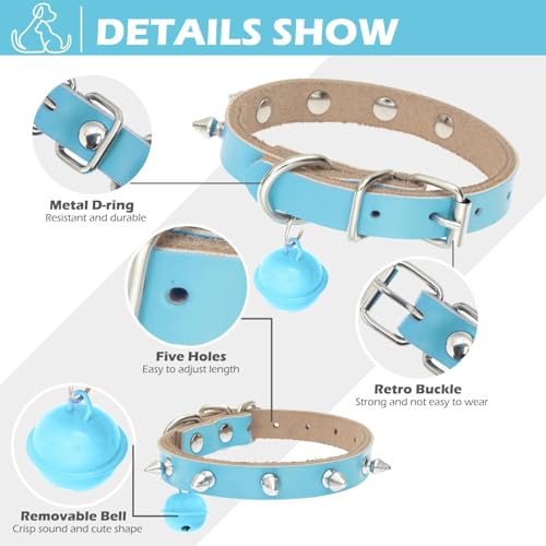 BINGPET Spiked Leather Cat Collar with Bells, Studded Dog Collar with Buckle, Soft Goth Kitten Collars with Spikes Adjustable, Punk Gothic Pet Accessories for Small Dog Puppies, Blue 10.2 "- 13" — view 4