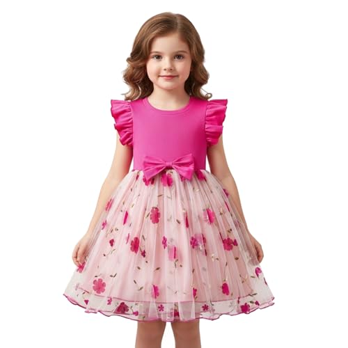 NNJXD Little Girl Casual Dress Princess Party Tulle Flower Embroidery Kids Dresses 2173 Hot Pink Size(4Y) 3-4 Years