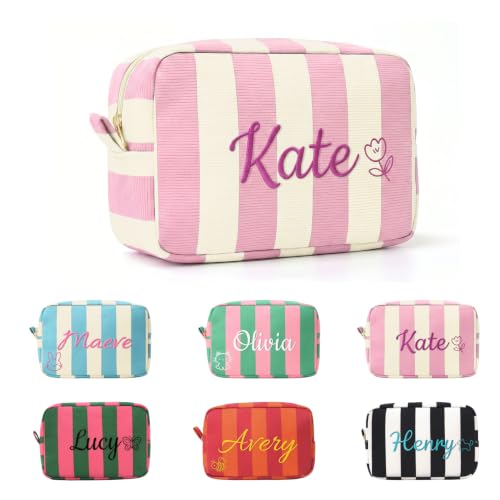 VKPOYNRO Custom Name Makeup Bag, Striped Padded Cosmetic Organizer, Dual-use Travel Toiletry Bag, Large Capacity Zipper Storage Pouch, Elegant Gift for Women