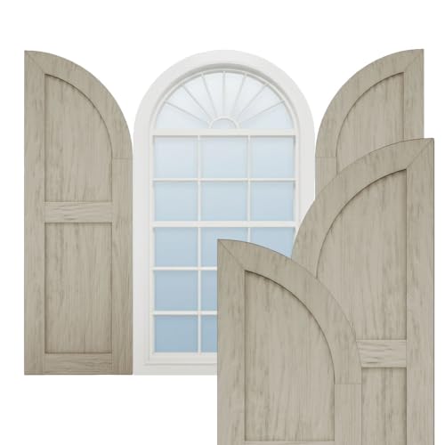 Ekena Millwork 15"W x 44"H (29" Low Side) Timberthane Rough Sawn Two Equal Flat Panel w/Quarter Round Arch Top Faux Wood Shutters (Per Pair), Primed Tan