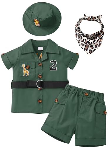 IBTOM CASTLE - IBTOM CASTLE 2nd Birthday Outfit Boy Baby Two Wild Safari Jungle Forest Shirt + Shorts + Hat + Bandana Two Year Old Birthday Zoo Party Cake Smash Photoshoot Clothes Green-2 18-24 Months (50% Off Amazon Deal)