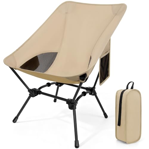 TUIKEN Ultralight Camping Chair Backpacking Chair, Portable Camp Chair with Cup Holder & Storage Bag, Lightweight Compact Folding Chair for Hiking, Travel, Picnic Mountaineering (Khaki)