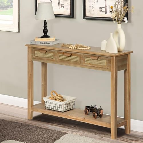 Wnutrees Farmhouse Console Table with 3 Rattan Drawers, 46\" Long Narrow Boho Foyer Sofa Tables with Open Storage Shelves for Entryway, Hallway, Living Room, Natural