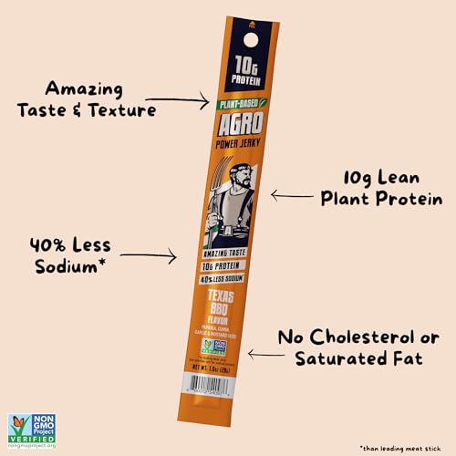 Image of Texas BBQ Vegan Jerky Sticks, High Protein Plant Based Snack, 7 Sticks | AGRO POWER Jerky Sticks, High Protein, Non-GMO, Low Sodium, No Cholesterol, Meatless Healthy Snack for Lunch, On-the Go Fuel