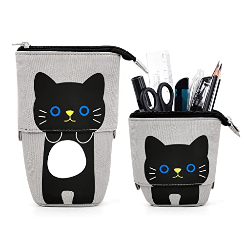 Image of Cat Cute Standing Pencil Case for Kids, Pop Up Pencil Box Makeup Pouch, Stand UP Cartoon Christmas Gift Kids Pen Holder Organizer Cosmetics Bag, Kawaii Stationary (Black Cat)