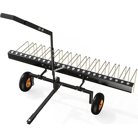 YINTATECH 60in Tow Behind Pine Straw Rake, Steel Lawn Tractor Rake Fit for ATV, 24 Tines, Black&Gold Cover