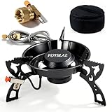 VOYBLAZ Portable Gas Camping Stove, 12000BTU, Propane, Black Carbon Steel Material, Piezoelectric Ignition, 39-Inch Hose, All-Copper Adapter, Equipped with a Storage Bag