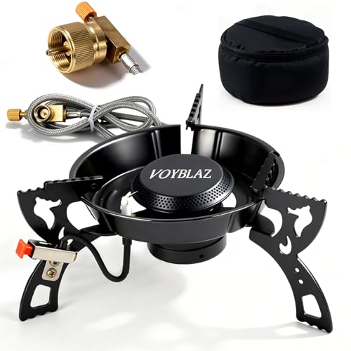 VOYBLAZ portable gas camping stove, 12000BTU, black carbon steel material, piezoelectric ignition, 39-inch hose, all-copper adapter, equipped with a storage bag