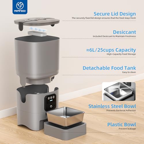 PAPIFEED Automatic Cat Feeder Upgrade, Smart Cat Feeder 6L - APP/Alexa Control, Dual Power Supply, Anti-Chewing Cord, Stainless Steel Bowl, Anti-Chewing Design for Cats and Small/Medium Dogs - Image 8