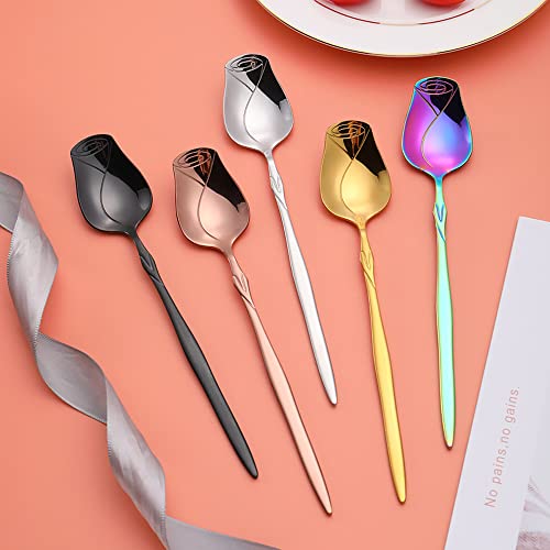 Stainless Steel Spoon Set 5 Pack, Rose Flower Shaped Spoon, Coffee Spoon，Dessert Spoon, Ice Cream Spoons, Tea Spoons，Love Spoon, Cute Holiday Gift (Multicolor) #TOP19