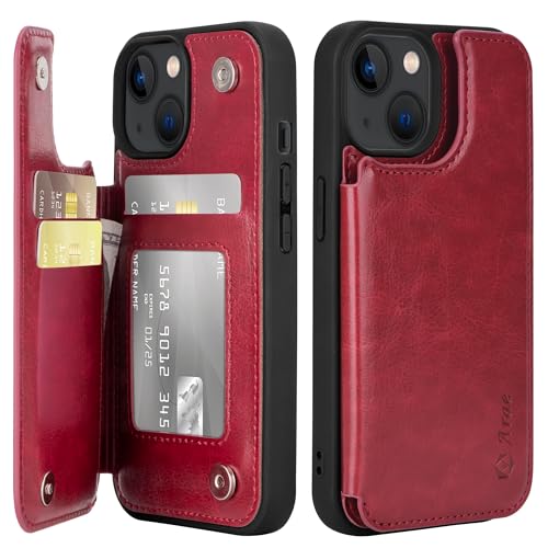 Arae for iPhone 13 Case with Card Holder - Wallet Case with PU Leather Card Pockets Back Flip Cover for iPhone 13 6.1 inch, Wine Red