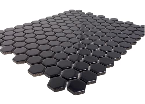 Hexagon Porcelain Mosaic Floor And Wall Tile Tile Glossy 1 Inch (Pack - 10 Sheets, Black) For Kitchen Backsplash, Bathroom Shower, Accent Wall #TOP3