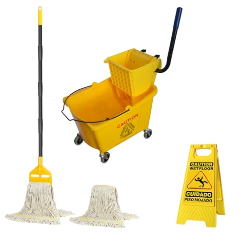 KULED Commercial Mop Bucket with 2 Mop Heads and Caution Sign, 38 Quart