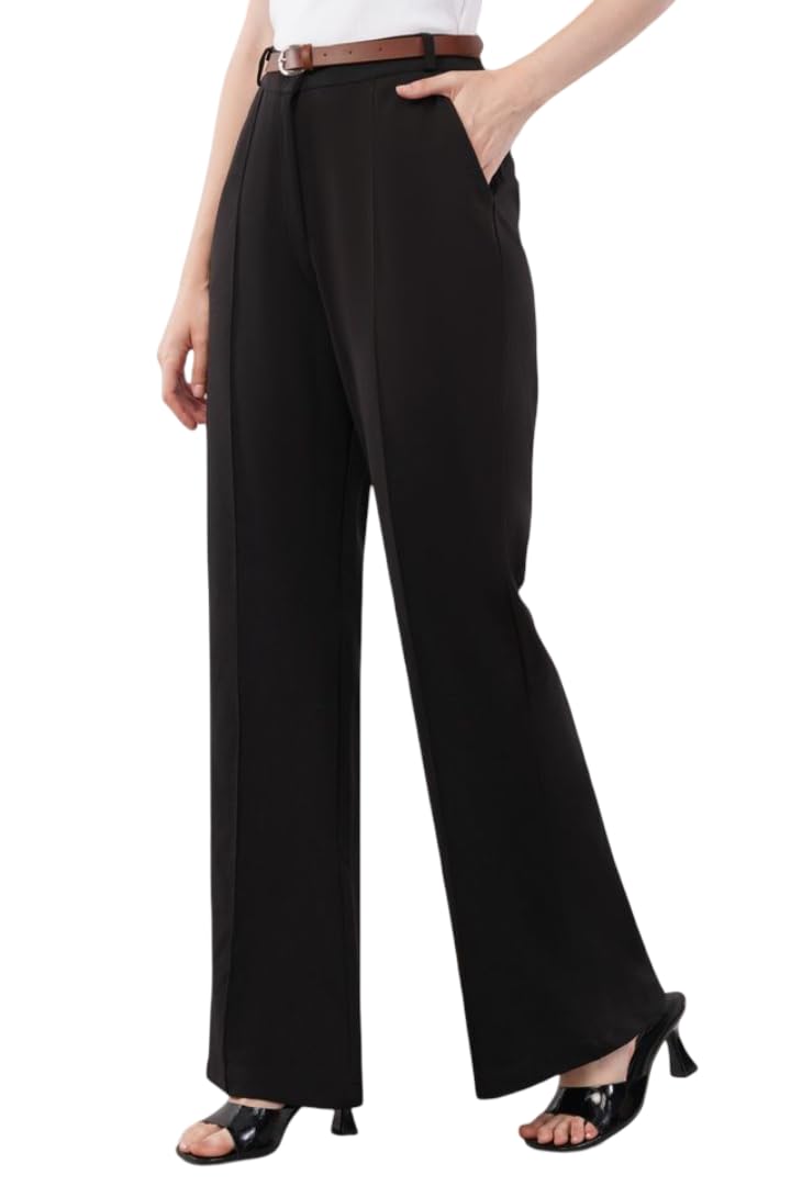 sqew Women's High Waist Wide Leg Pants | Regular Fit Lycra Blend Trousers with Elastic Waistband, Zipper & Button Closure | Casual Stylish Flared Bottom for Office-picture-42