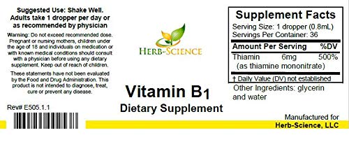 Herb-Science Liquid Vitamin B1 Drops - Daily Thiamine Supplement To Support Digestion, Nervous System, Heart Health, Stress Relief, Natural Energy Booster - 500% Dv, 36 Servings Per Bottle - 1 Fl. Oz. #TOP1