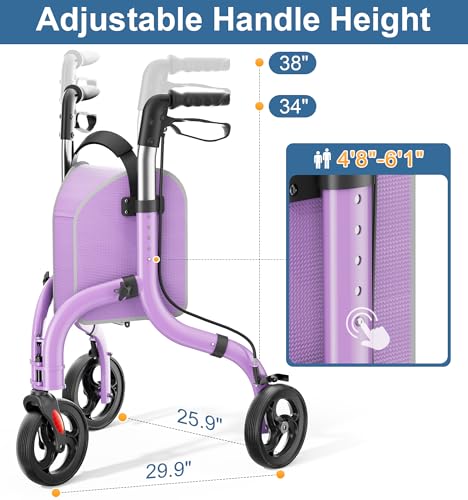 HOMLAND 3 Wheel Walkers for Seniors, Lightweight Foldable Aluminum Three Wheel Walker, Height Adjustable Compact Rollator Walker with Removable Storage Bag - Thumbnail 3