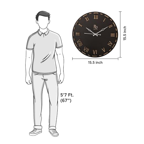 Image of Wooden Round Shape Roman Dial Wall Clock with Silver Hands & Golden Jute Rope Detailing | Silent Quartz Movement Anti Reflection Analog Vintage Clock for Office & Home (Black, 15.5 Inch)