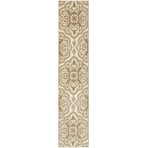 Maples Rugs Vivian Medallion Runner Rug - Made in USA - Washable, Non Slip, Indoor Carpet for Hallway, Kitchen, and Laundry Room, 2' x 10', Beige