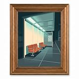 Framed Urban Bus Shelter Wall Art Minimalist Geometric Cityscape Vector Illustration with Teal and Terracotta Orange Tones in a Premium Gold Frame for Modern Home Office Decor 24x36