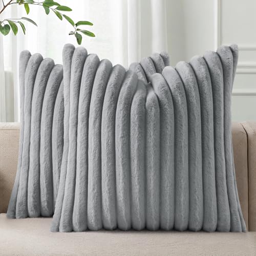 Pallene Faux Fur Plush Throw Pillow Covers 22x22 Set of 2, Luxury Soft Fluffy Striped Decorative Pillow Covers for Sofa, Couch, Living Room, Grey
