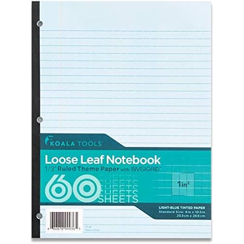 Koala Tools | Loose Leaf Notebook 1/3" (Wide) Ruled Theme Paper with Invisigrid - Light-Blue Tinted Paper - 60 Sheets - 10.5" x 8" - 3 Hole Punched, Tape Bound Notebook Cover