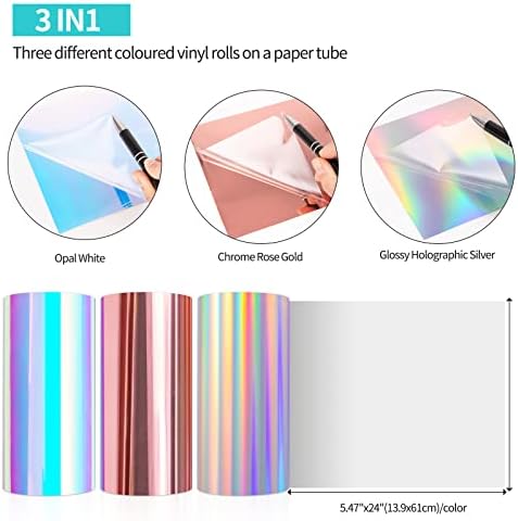 VINYLFROG 3 Sheets Chrome Vinyl Pack, Permanent Adhesive Backed Vinyl Sheets Set, 3 Colors(Opal White, Chrome Rose Gold, Glossy Holographic Silver) Craft Vinyl Pack 5.47"x24"(13.9x61cm) for Cricut Joy