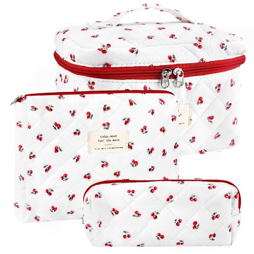 URSKYTOUS 3Pc Cotton Quilted Makeup Bag for Women Extra Large Coquette Small Floral Travel Cosmetic Bag Set Cute Cherry Makeup Pouch Portable Toiletry Bag Organizer Vintage Puffy Essential Storage Bag
