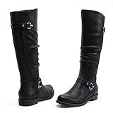 EETTARO Women's Mid Calf Boots Elastic Low Heel Knee High Boot Fashion Side Zip Buckles Winter Boots(Black Faux Suede, Numeric_9)